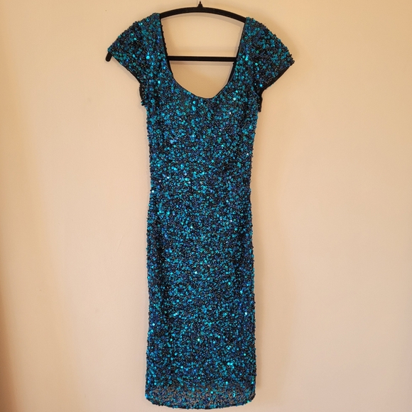 Vintage Scala Blue Sequin 100% Silk Evening Cocktail Dress - Xs - Picture 2 of 9